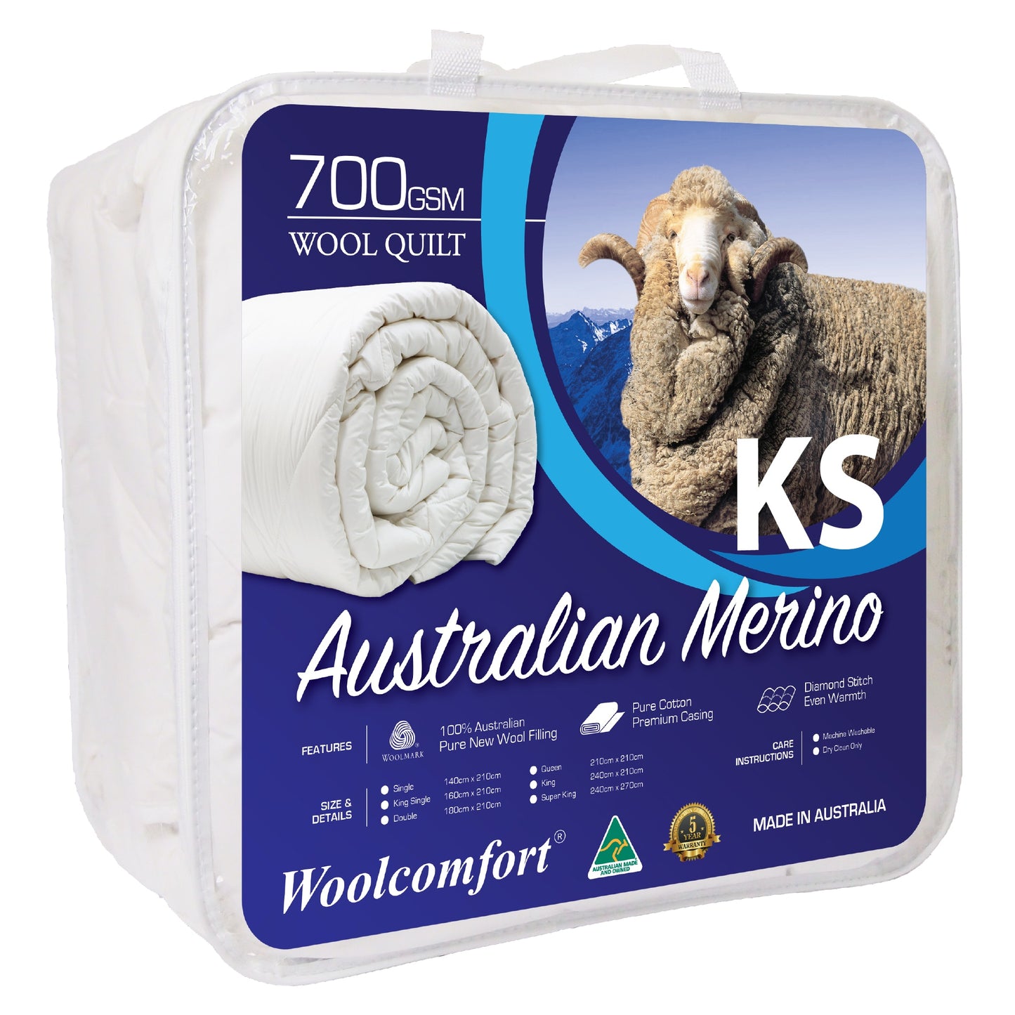 Aus Made Merino Wool Quilt 700GSM 160x210cm - King Single