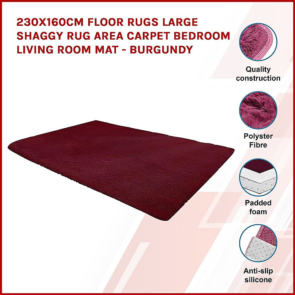 230x160cm Large Shaggy Rug Area Carpet Bedroom Living Room Mat - Burgundy