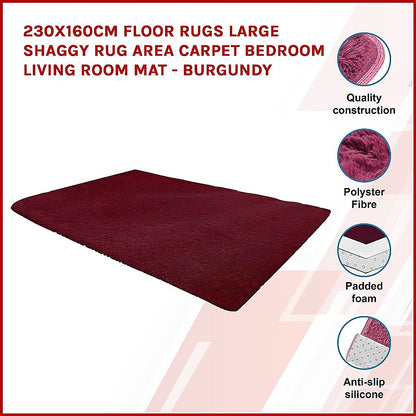 230x160cm Large Shaggy Rug Area Carpet Bedroom Living Room Mat - Burgundy