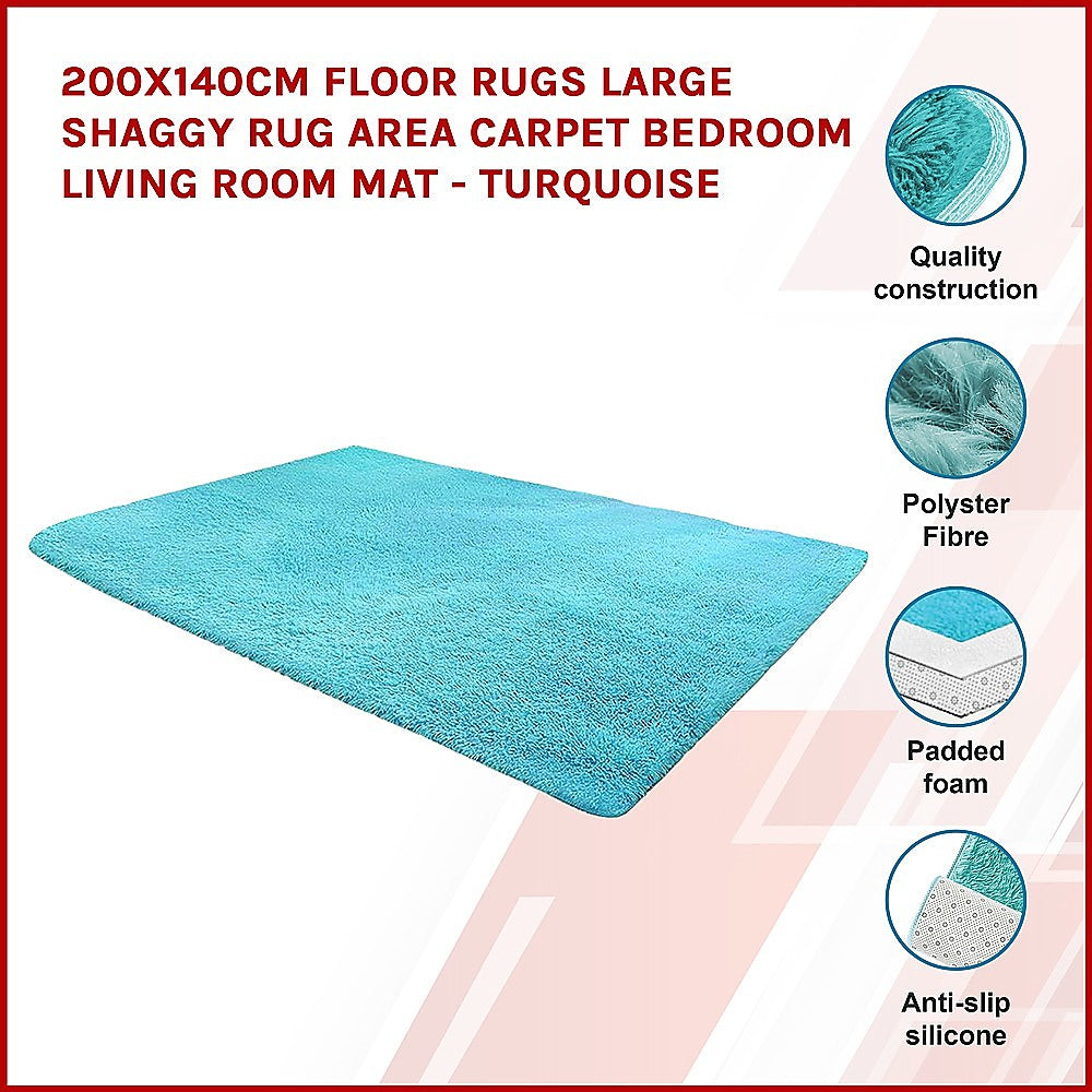 200x140cm Large Shaggy Rug Area Carpet Bedroom Living Room Mat - Turquoise