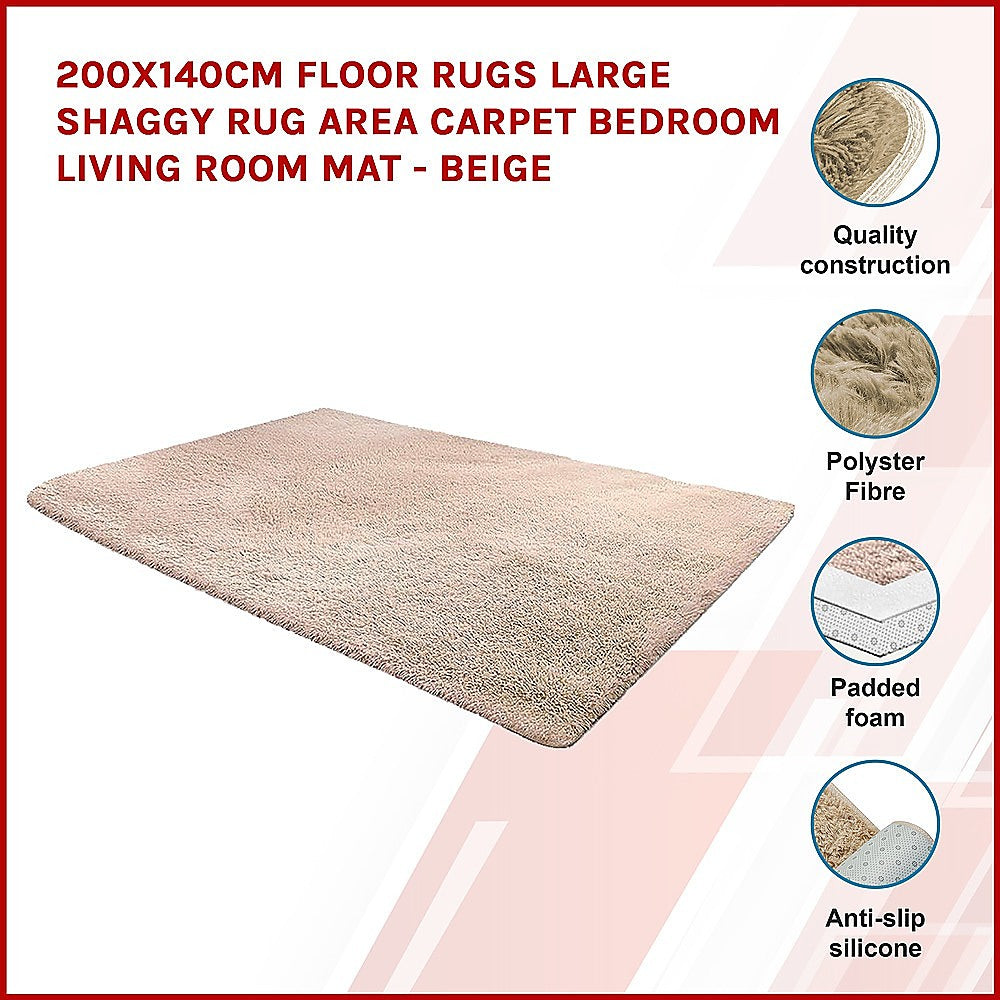 200x140cm Large Shaggy Rug Area Carpet Bedroom Living Room Mat - Beige