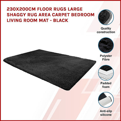 230x160cm Large Shaggy Rug Area Carpet Bedroom Living Room Mat - Black