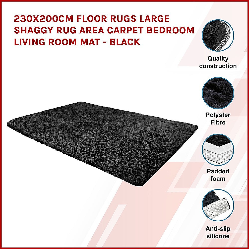 230x200cm Large Shaggy Rug Area Carpet Bedroom Living Room Mat - Black