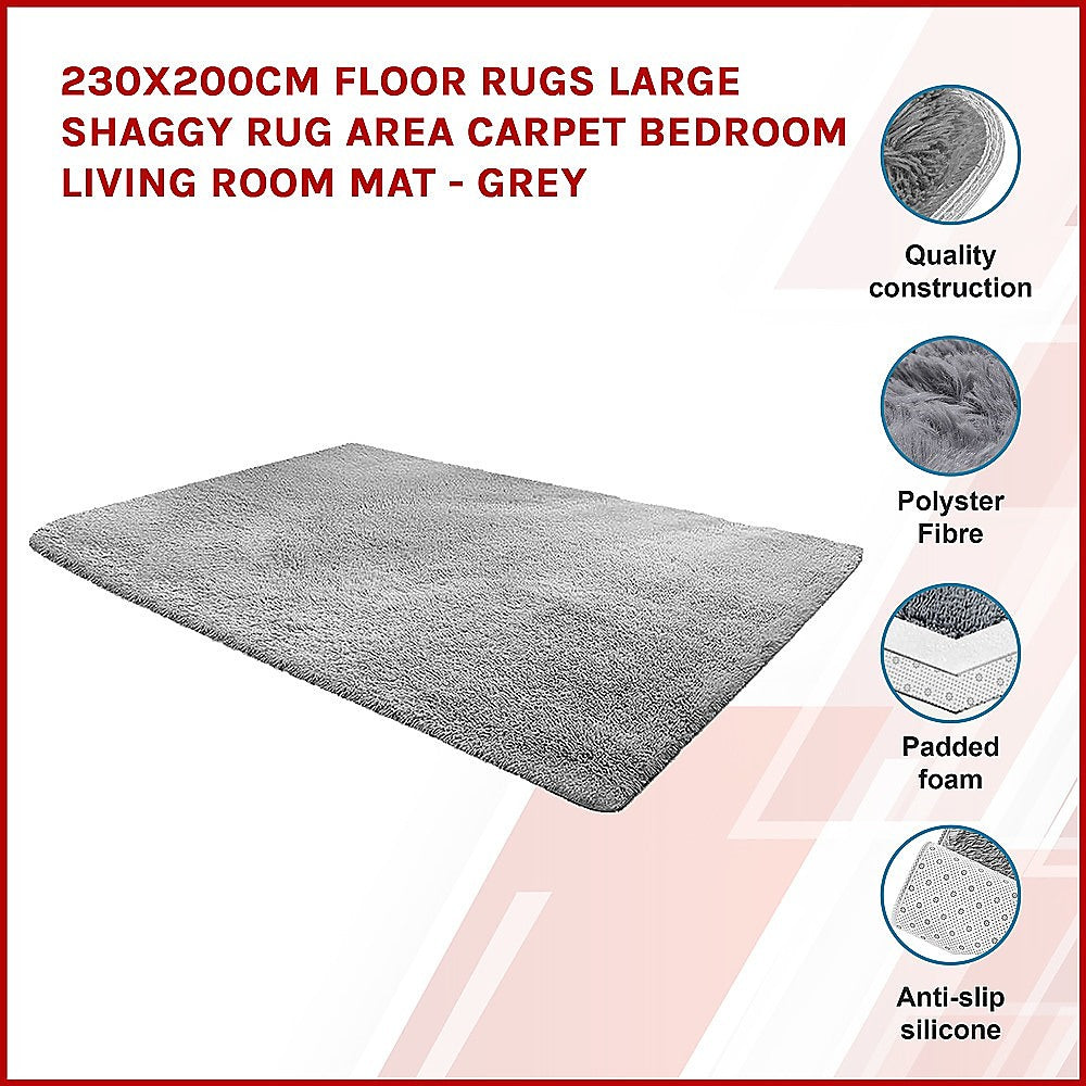 230x200cm Large Shaggy Rug Area Carpet Bedroom Living Room Mat - Grey