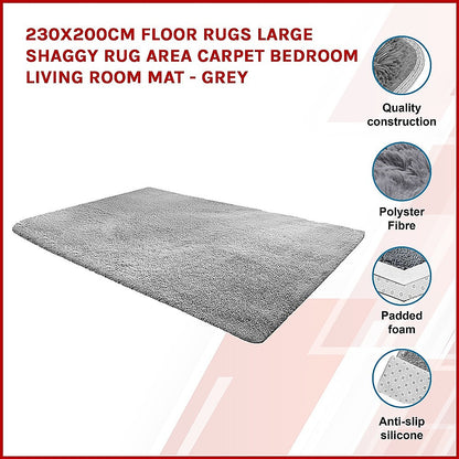 230x200cm Large Shaggy Rug Area Carpet Bedroom Living Room Mat - Grey