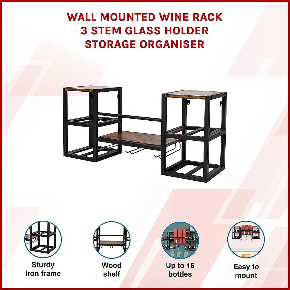 Wall Mounted Wine Rack 3 Stem Glass Holder