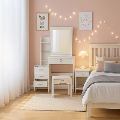 Elegant Dressing Table LED Makeup Mirror Stool Set Vanity Desk - White