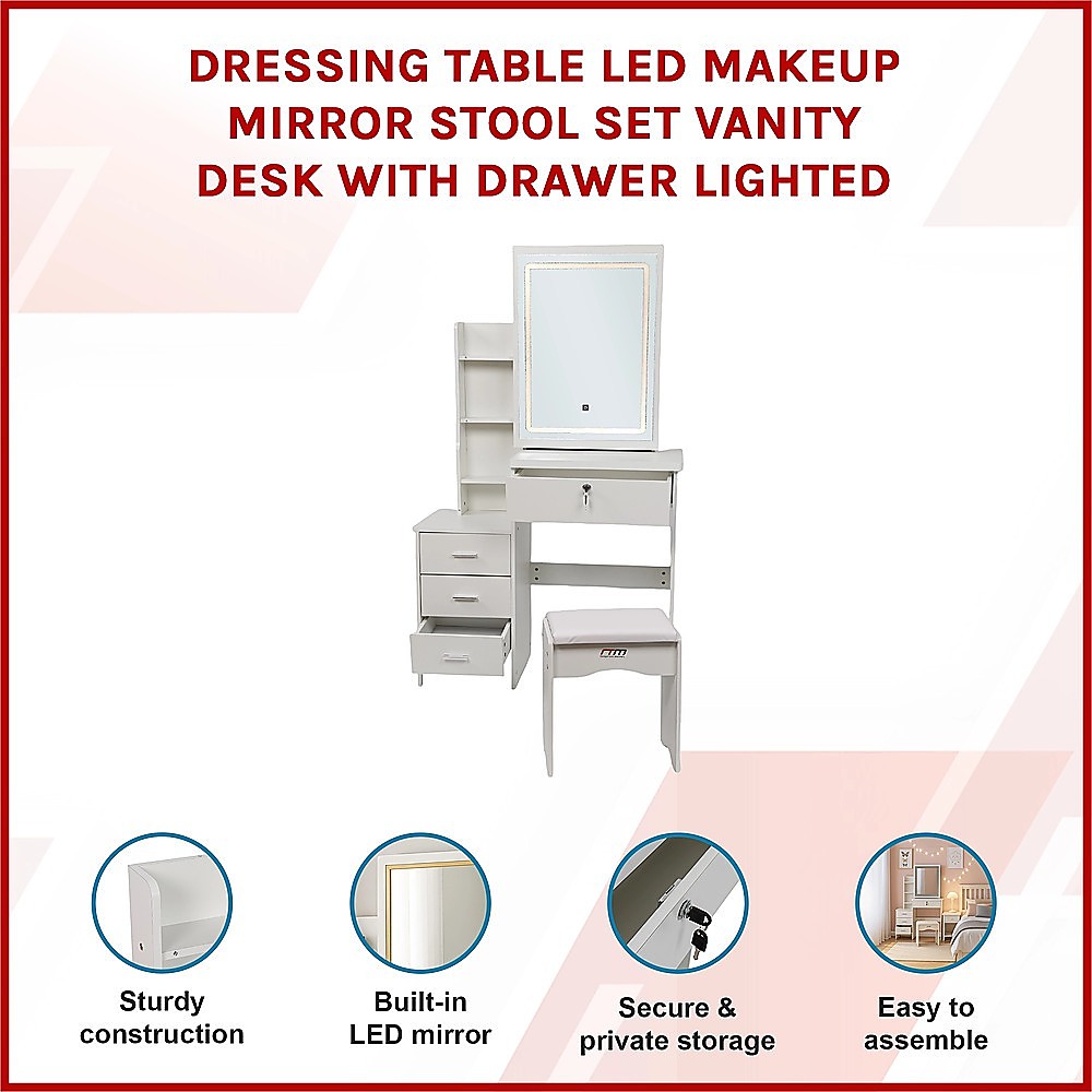 Elegant Dressing Table LED Makeup Mirror Stool Set Vanity Desk - White