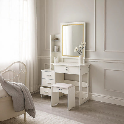 Elegant Dressing Table LED Makeup Mirror Stool Set Vanity Desk - White