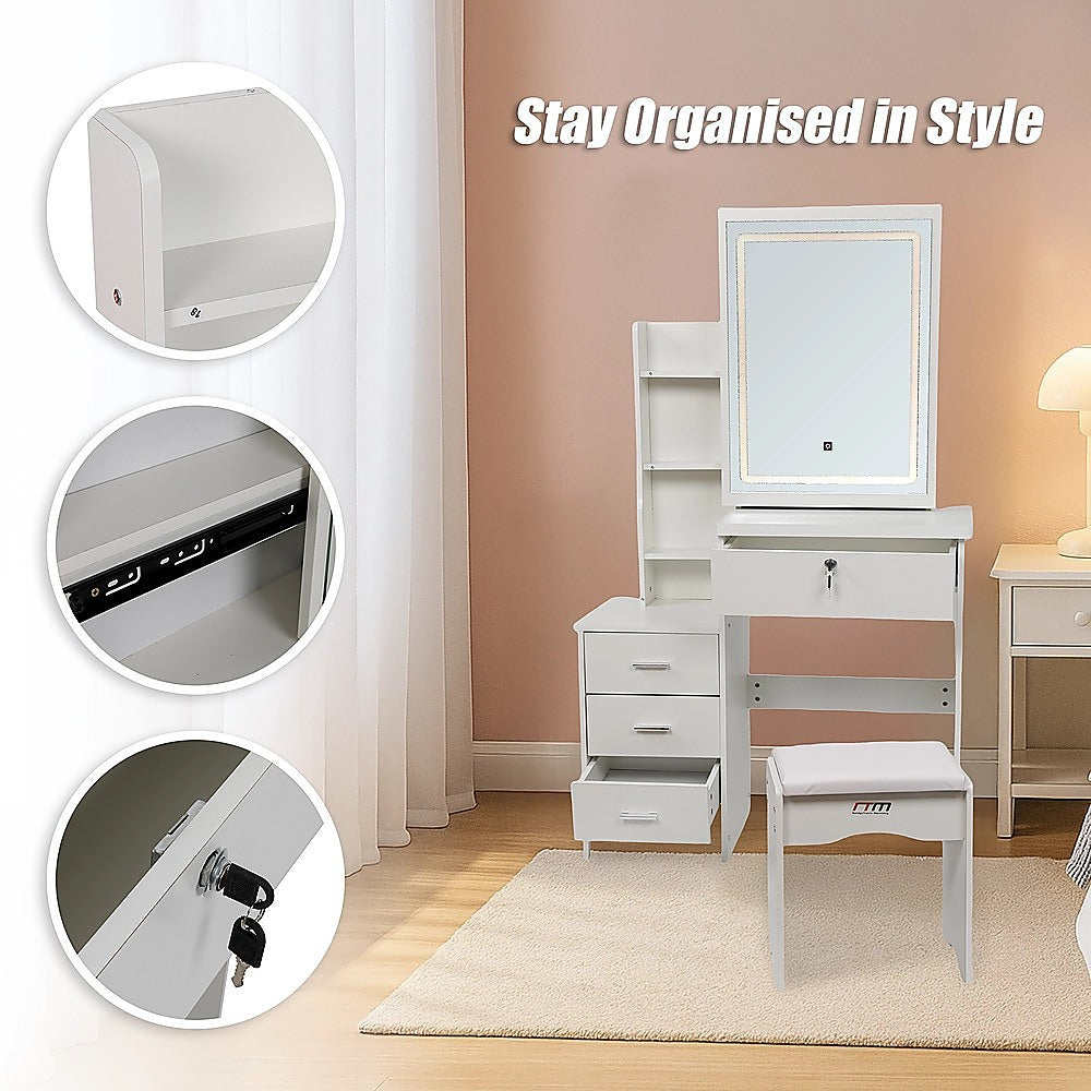 Elegant Dressing Table LED Makeup Mirror Stool Set Vanity Desk - White