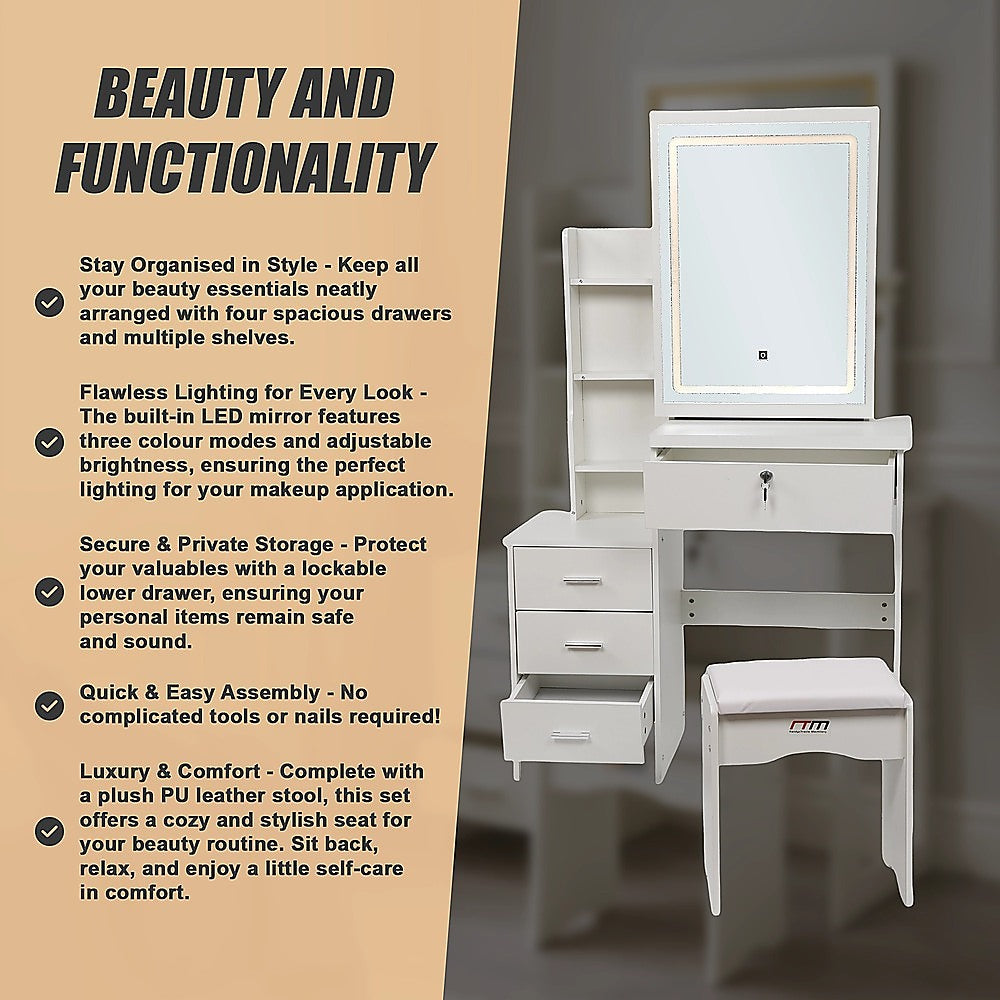 Elegant Dressing Table LED Makeup Mirror Stool Set Vanity Desk - White