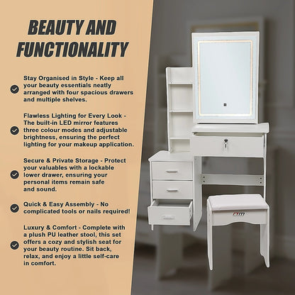 Elegant Dressing Table LED Makeup Mirror Stool Set Vanity Desk - White