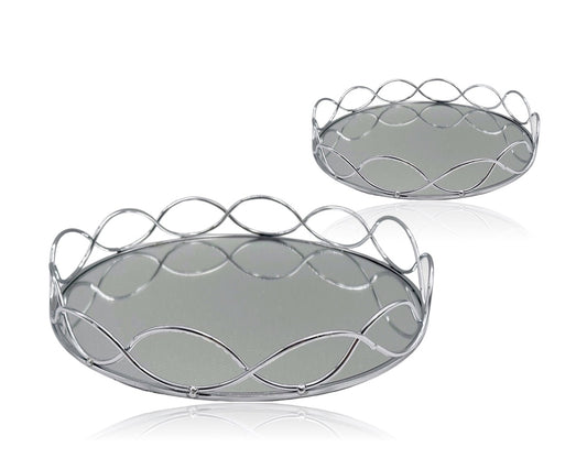 Round Silver Mirror Tray 30cm - Set 2