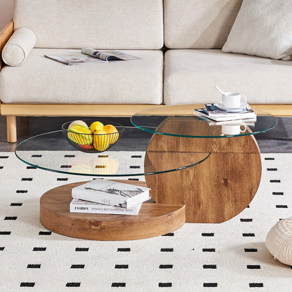 Minori Double Layer Clear Tempered Glass Dark Wood Grain Coffee Table