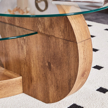 Minori Double Layer Clear Tempered Glass Dark Wood Grain Coffee Table