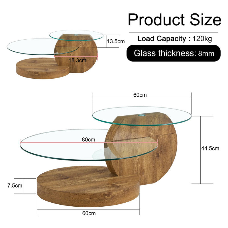 Minori Double Layer Clear Tempered Glass Dark Wood Grain Coffee Table