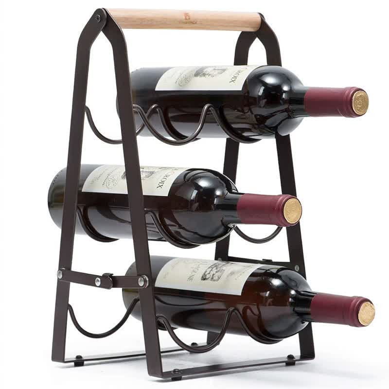 Folding Metal Wine Rack 6-Bottle with Wooden Handle