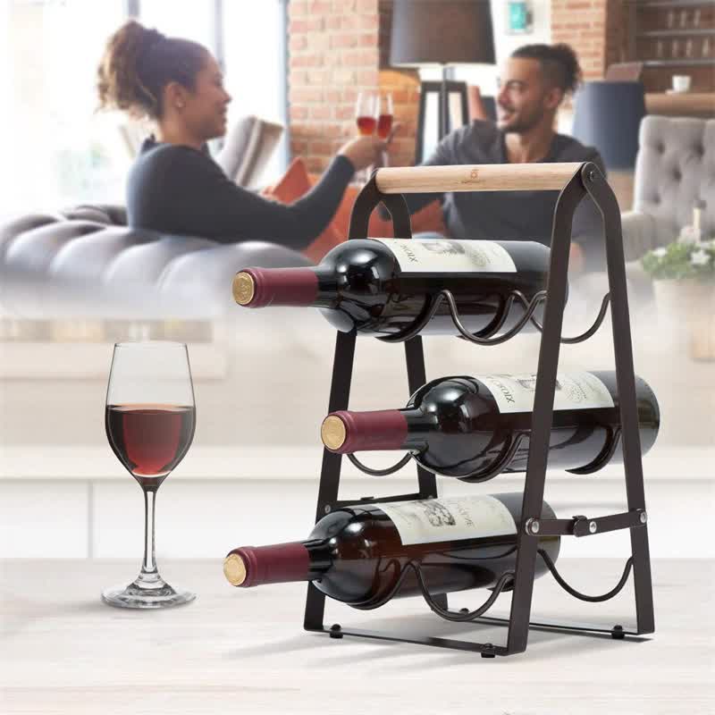 Folding Metal Wine Rack 6-Bottle with Wooden Handle