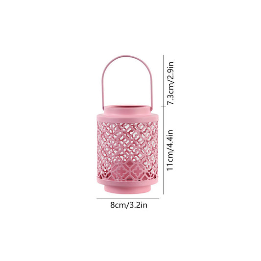 Pink Vintage Style Candle Lantern – Iron Tabletop Centerpiece