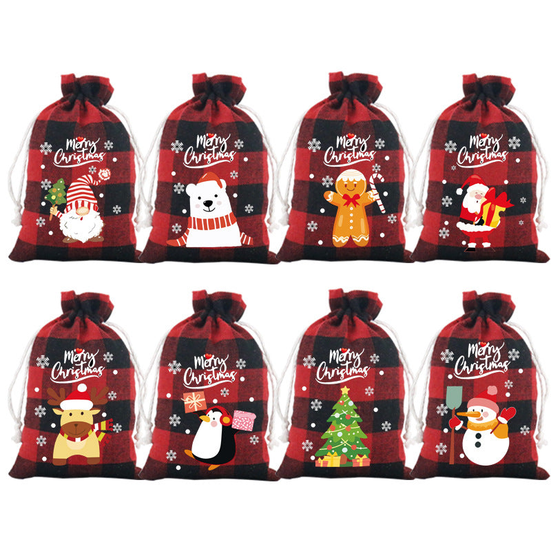 Red checkered Christmas Gift Drawstring Bags Set - 10 Pcs