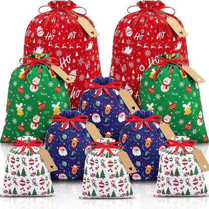 Red checkered Christmas Gift Drawstring Bags Set - 10 Pcs