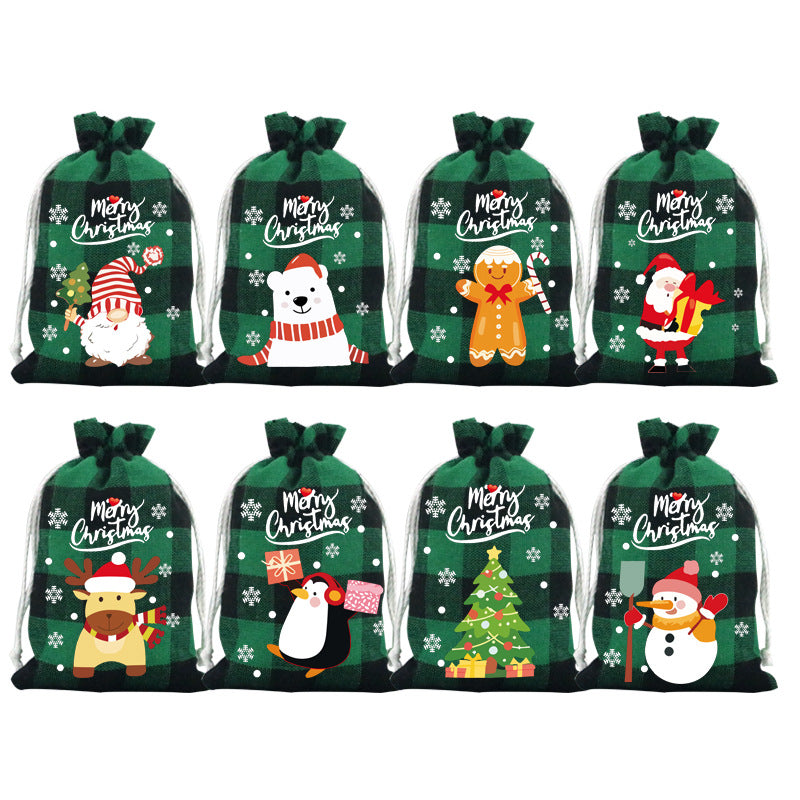 Green grid Christmas Gift Drawstring Bags Set - 10 Pcs