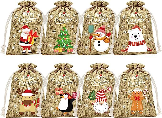 Brown Christmas Gift Drawstring Bags Set - 10 Pcs