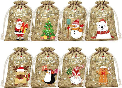 Brown Christmas Gift Drawstring Bags Set - 10 Pcs