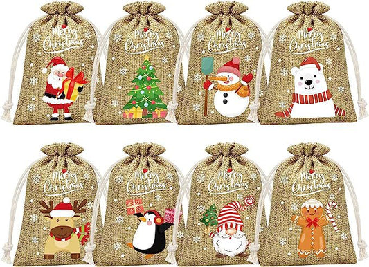Brown Christmas Gift Drawstring Bags Set - 10 Pcs