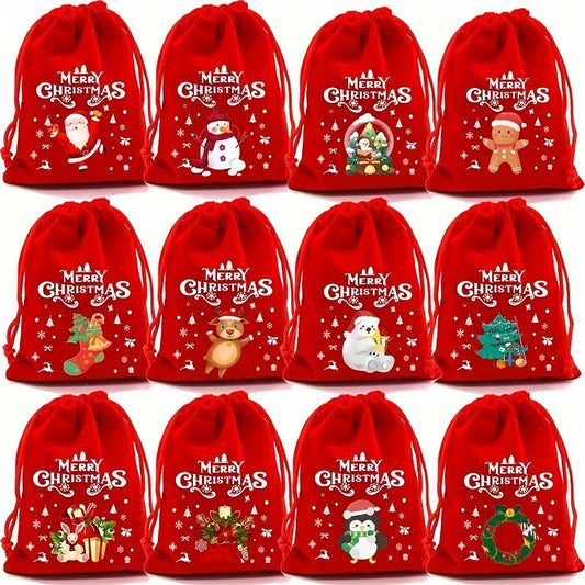 Red flannel Christmas Gift Drawstring Bags Set - 10 Pcs