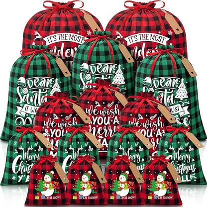 Red flannel Christmas Gift Drawstring Bags Set - 10 Pcs