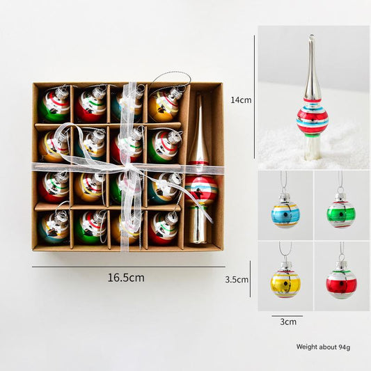 Colorful Retro Striped Glass Ornament Set with Mini Tree Topper - 17pc Vintage Holiday Collection
