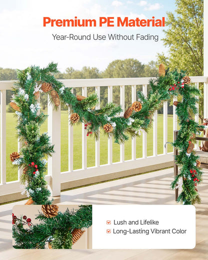 Christmas Garland – 275cm Artificial Greenery with Lights, Berries & Pine Cones for Holiday Décor