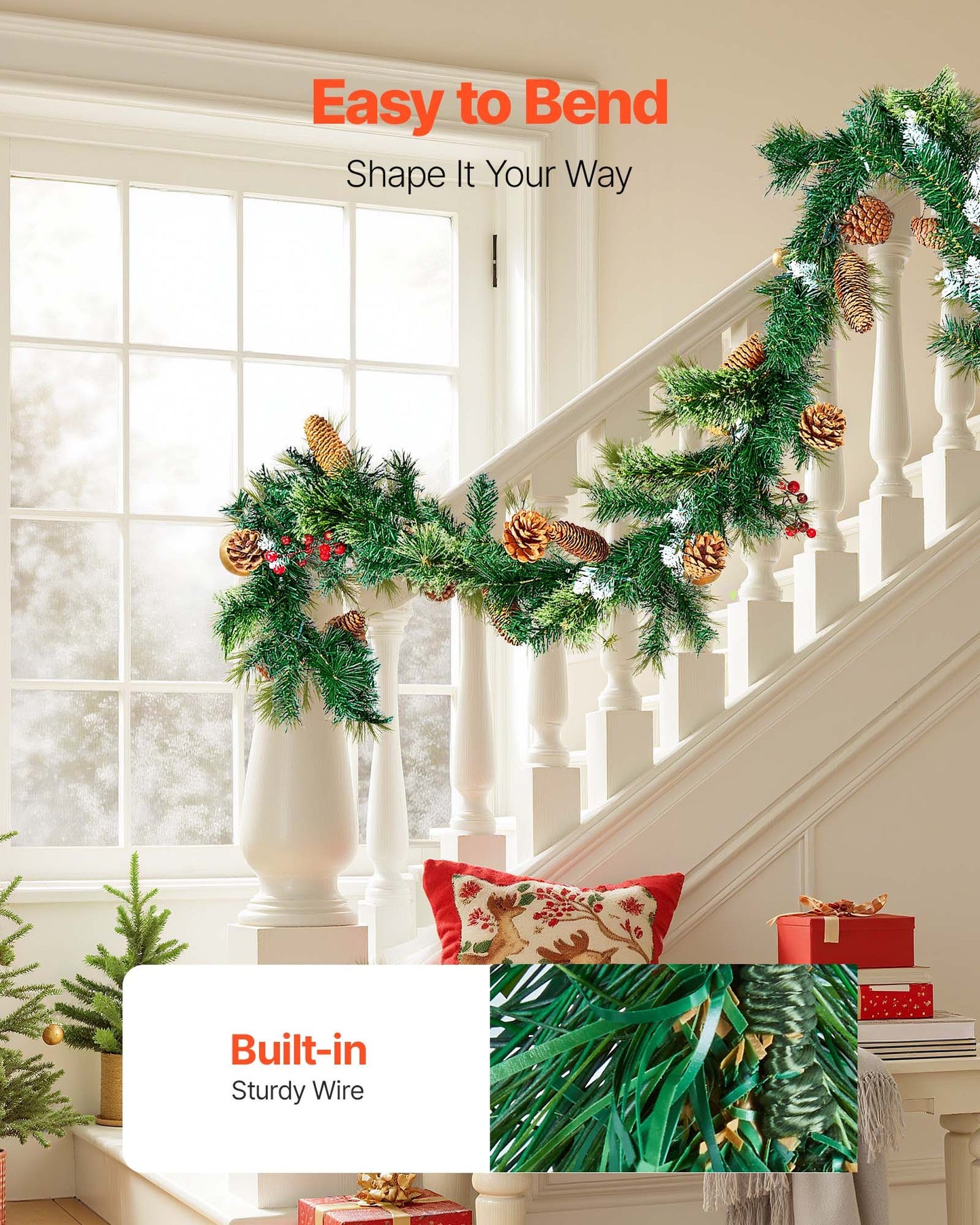 Christmas Garland – 275cm Artificial Greenery with Lights, Berries & Pine Cones for Holiday Décor