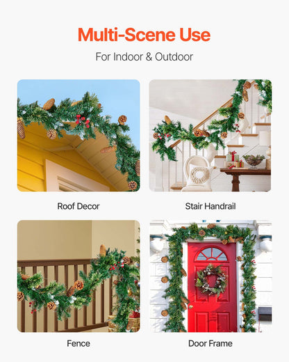 Christmas Garland – 275cm Artificial Greenery with Lights, Berries & Pine Cones for Holiday Décor
