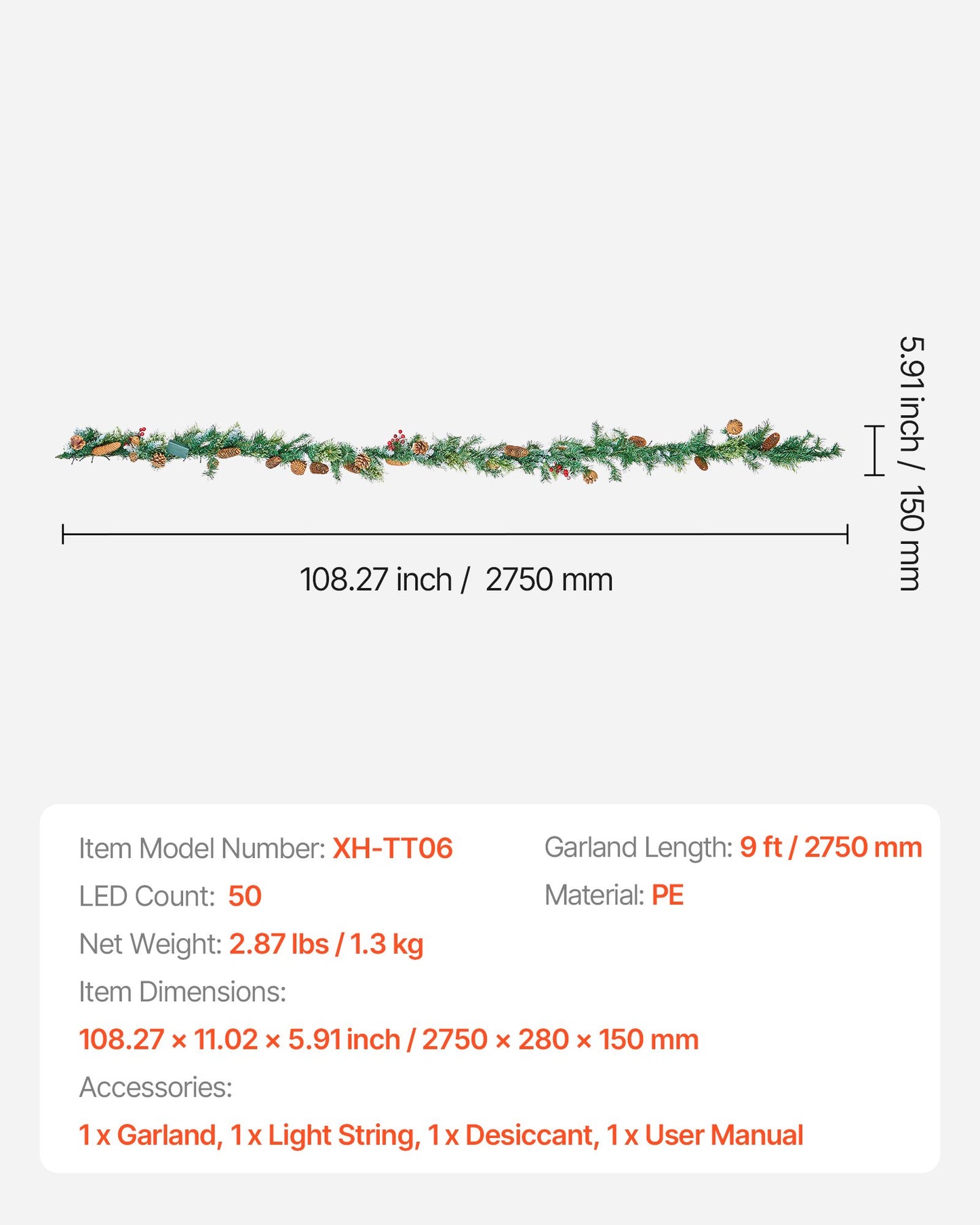 Christmas Garland – 275cm Artificial Greenery with Lights, Berries & Pine Cones for Holiday Décor