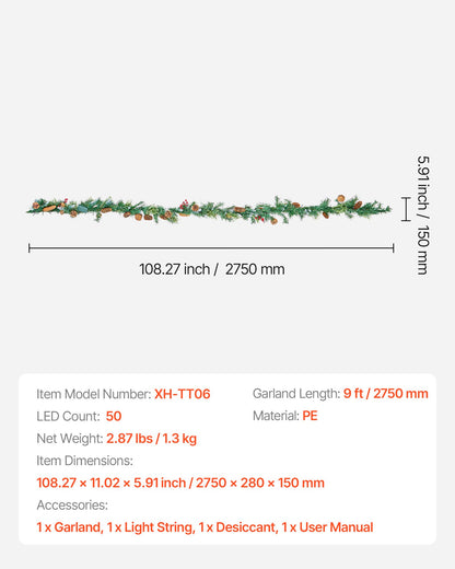 Christmas Garland – 275cm Artificial Greenery with Lights, Berries & Pine Cones for Holiday Décor