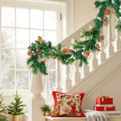 Christmas Garland – 275cm Artificial Greenery with Lights, Berries & Pine Cones for Holiday Décor