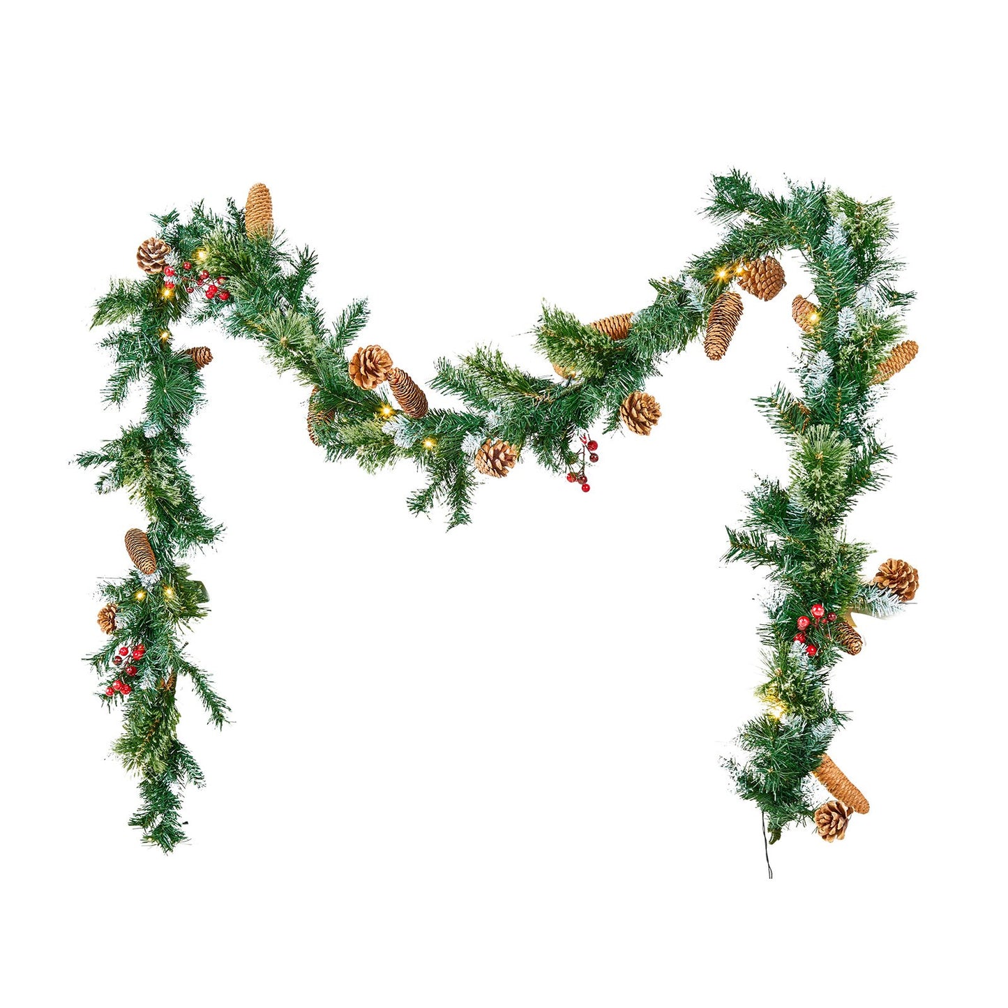 Christmas Garland – 275cm Artificial Greenery with Lights, Berries & Pine Cones for Holiday Décor