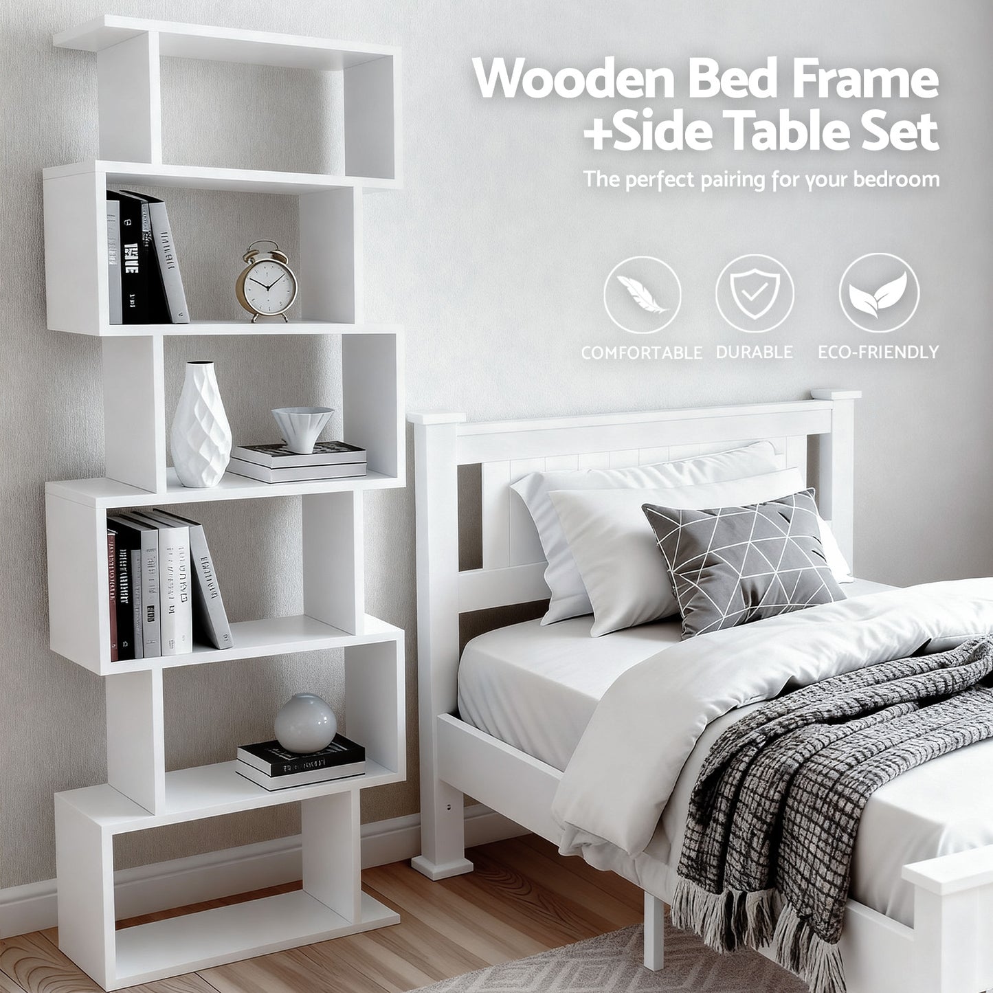 Rio King Single Bed Frame and Bookshelf - White