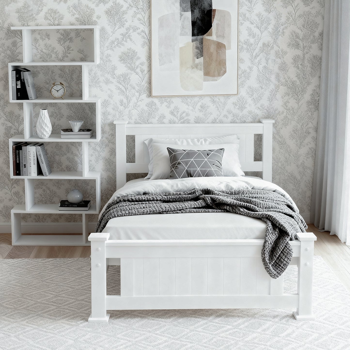Rio King Single Bed Frame and Bookshelf - White