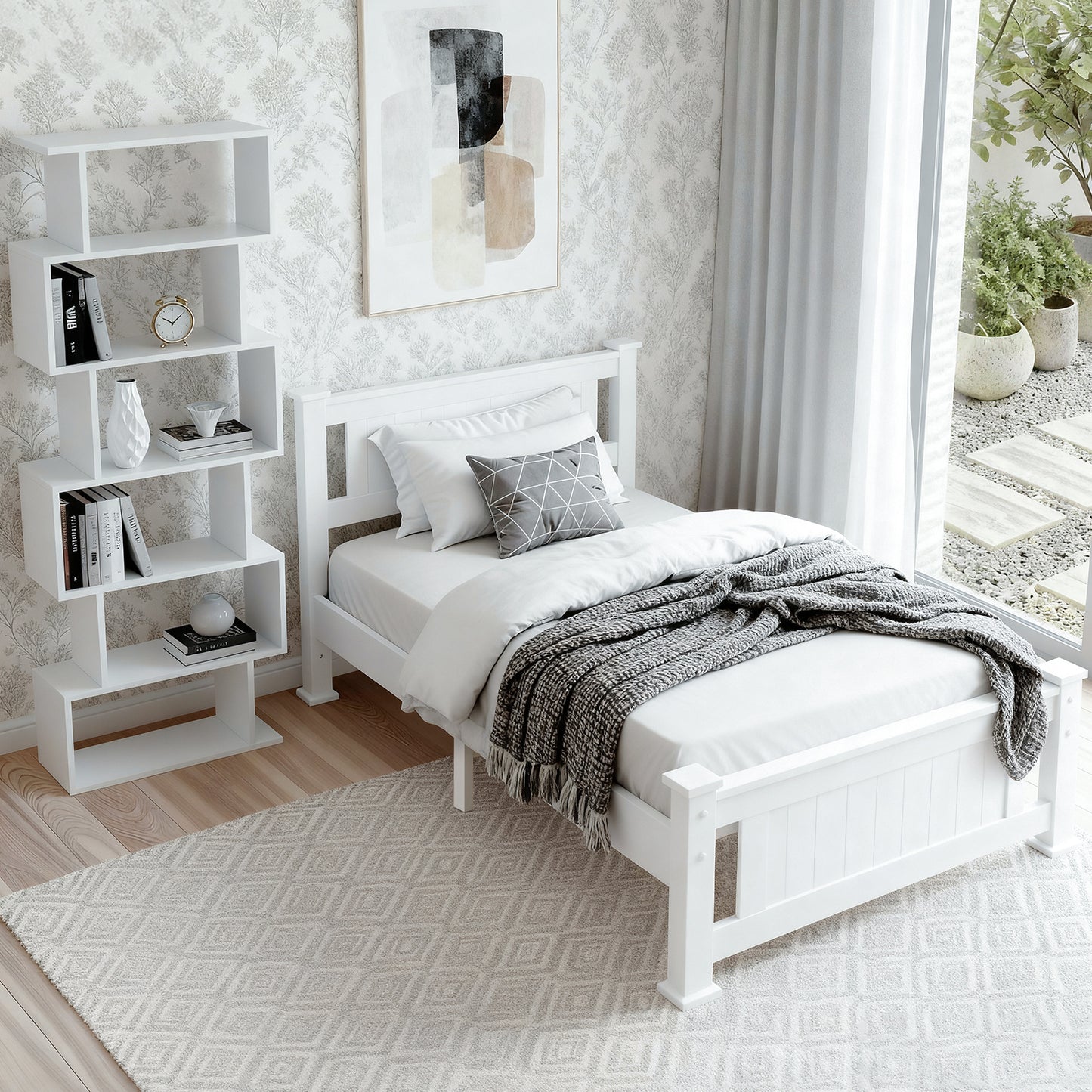Rio King Single Bed Frame and Bookshelf - White