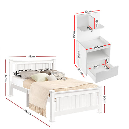 Rio King Single Bed Frame and Bedside Table - White