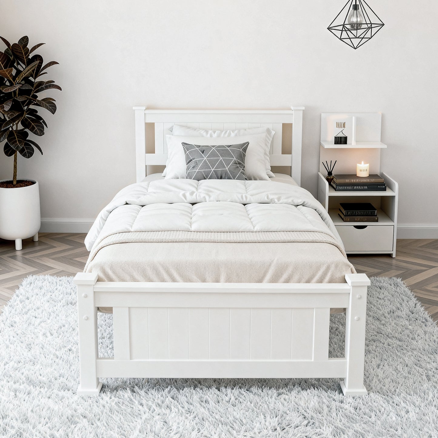 Rio King Single Bed Frame and Bedside Table - White
