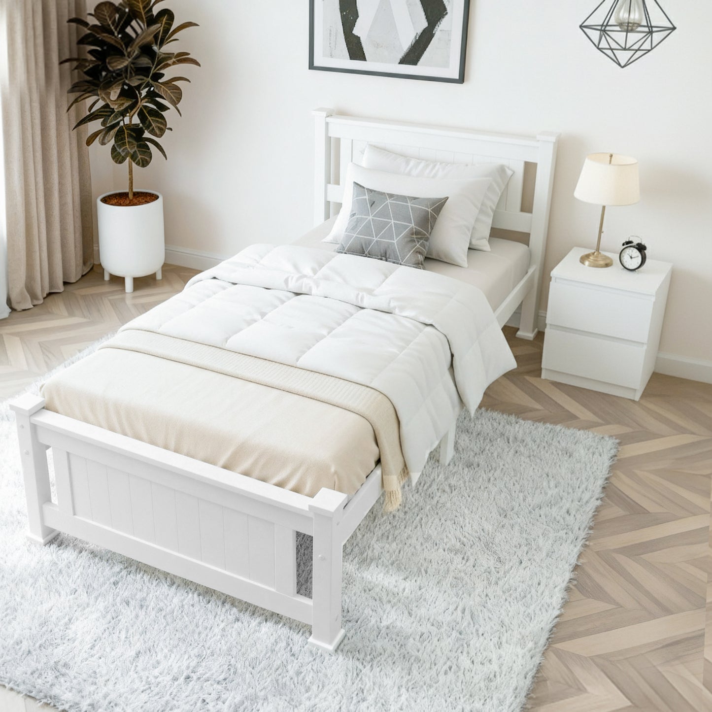 Rio King Single Bed Frame and Pepe Bedside Table - White