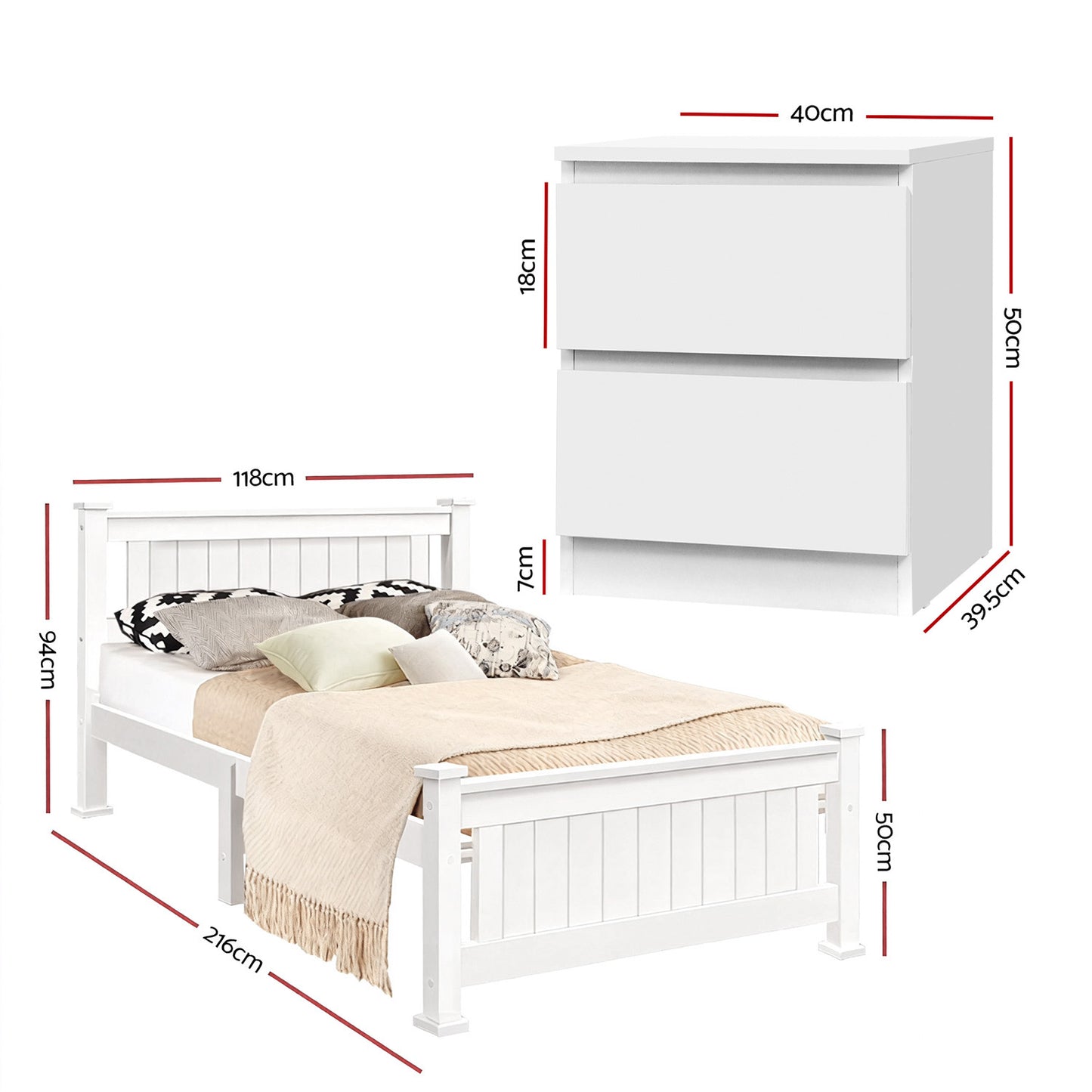 Rio King Single Bed Frame and Pepe Bedside Table - White
