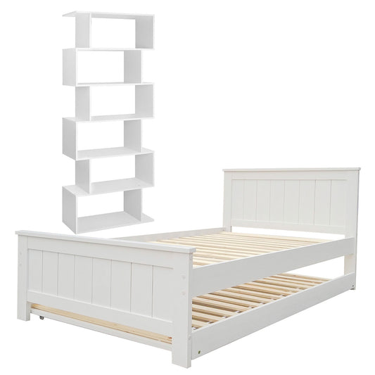 Elvis King Single Trundle Bed Frame and Bookshelf - White