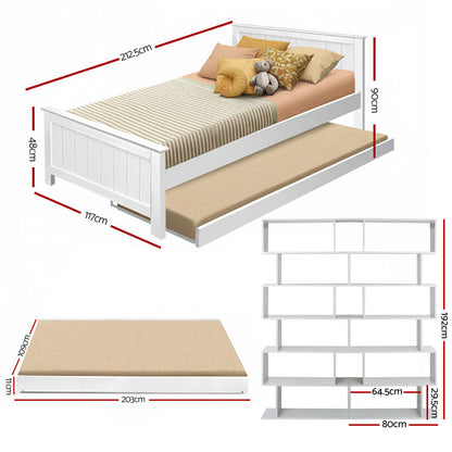 Elvis King Single Trundle Bed Frame and Bookshelf - White