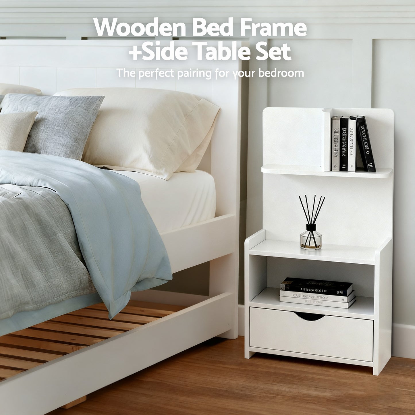 Evermore King Single Bed Frame and Bedside Table - White