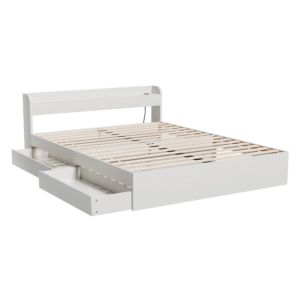 Aura Double Bed Frame with Charging Ports 2 Storage Drawers - White